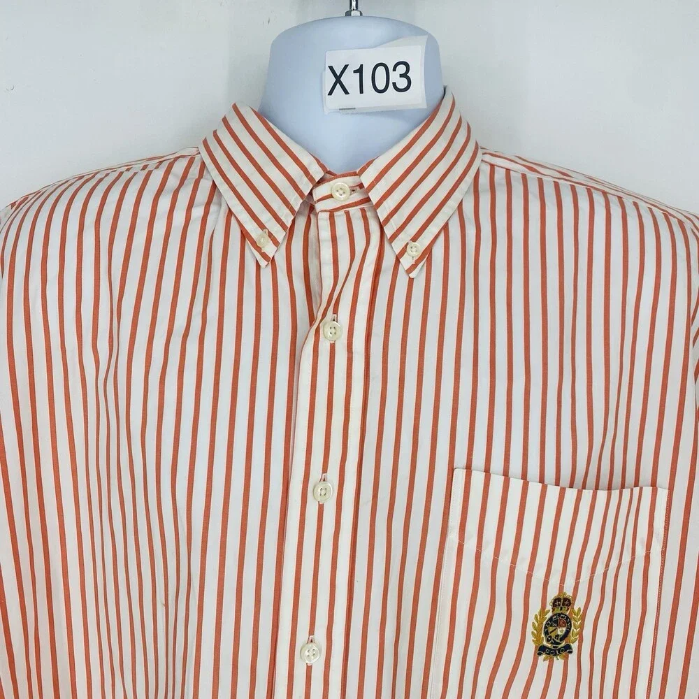 Vintage Polo Ralph Lauren Short Sleeve Red Pinstripe Button Up XL Crown Crest